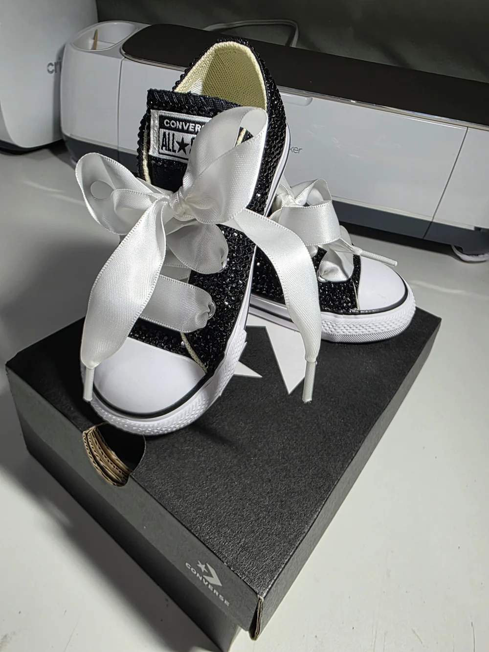 Converse Kids' Black Gem Bling Low Top Sneakers with White Satin Laces